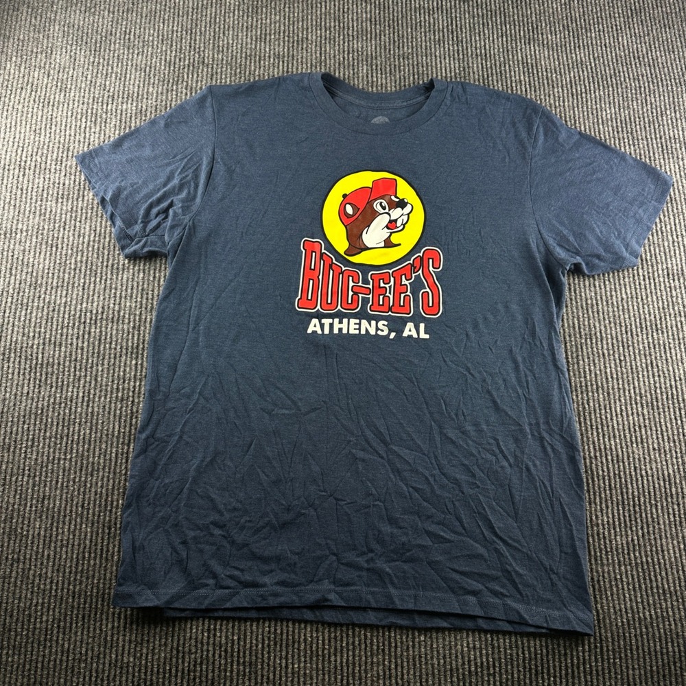 Buc-ees Athens AL Graphic T-Shirt Mens Large Navy Blue Heather Beaver Logo USA